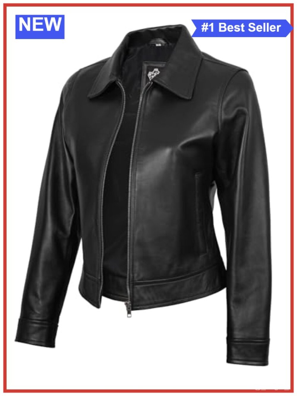 100% Real Leather Jacket, Vintage Shirt Collar, Zipper, Regular Fit, Women